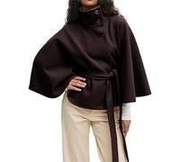 Ponchos de manga murciélago para mujer, abrigo de lana con cuello alto, capa de cinturón, chaqueta de capa de cincha, ropa de abrigo corta de invierno, marrón, S