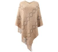 Ponchos Mujer Punto Invierno Otoño Invierno Cuello en V Punto con Flecos Elegante Irregular Capas de Punto Poncho Perlas de La Capa de Las Rayas,Caqui