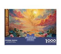 Pond with Lotus Leaves and Pink Flower 1000 Piezas Cartón Rompecabezas Vibrant Lotus Sunset Liberador De Estrés Juego Creativo Puzzle Juego De Desafío Difícil 38x26cm/1000pcs