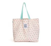 Ponette - Bolsa de Playa Familiar Cruda con Rayas Coral y Estampado de Estrellas Verdes, Asas Turquesas, Forro, Bolsillo, Playa, Piscina, Tote, Marca Española