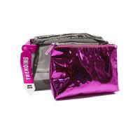 PONETTE - Neceser de Mujer Grande Transparente Impermeable 2 Piezas Negro y Fucsia, Texto Made for Her, Asa Caucho Fucsia Texto Trending Limited Edition, Playa, Piscina, Viaje, Marca Española