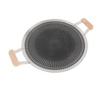 Pongnas Sartén Redonda para Parrilla de Barbacoa, Sartén Coreana Antiadherente de Acero Inoxidable con de Madera para Cocinar en Interiores y Exteriores, 4-6 Personas (34cm)