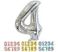 Ponmoo Foil Globo Plata Número 4, Gigante Numeros 0 1 2 3 4 5 6 7 8 9 10-19 20-29 30-39 40 50 60 70 80 90 100, Grande Globos Decoración para La Boda Aniversario y Cumpleaños Fiestas