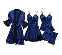 PonPed Conjuntos de Pijama de Seda con Ribete de Encaje para Mujer, 4 Uds., camisón, Pantalones Cortos, camisón, Conjuntos de Ropa de Dormir de satén Sexy (XL,Navy)