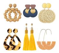 Ponpon 6-18 pares de aretes para mujer, aretes ligeros de verano, aretes de paja, aretes geométricos de moda para mujer, Resina Ratán, Sin piedra preciosa
