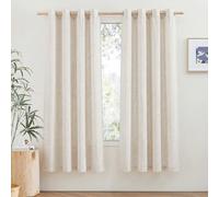 PONY DANCE Cortinas Cortas Cocina, Visillos Semi Opacas de Lino Boho Fitrado de Luz con Ojlaes 2 Piezas para Coemdor/Dormitorio,140x160cm(AnxAl),Beige Claro