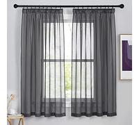 PONY DANCE Cortinas Grises Visillos Cocina Salon Modernas 2 Piezas Cortinas Transparentes con Aspecto de Lino Cortas para para Riel con Ganchos, 140x160 CM, Gris Oscuro