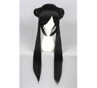 Ponytail Extension 31" Synthetic Black Hair Short Straight Hair Wig with Bangs Two Hair Buns Style Cosplay Wig Heat Resistance Fiber Wig for Daily Use, Cosply, Parties and Halloween