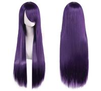 Ponytail Extension 32" 80cm Long Straight Natural Hair Cosplay Wigs with Bangs Heat Resistant Synthetic Colorful Halloween Cosplay Anime Costume Party Daily Use Wigs for Women, Light Gold(Dark Purple)