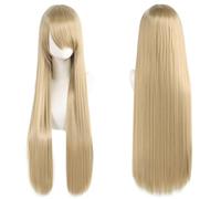 Ponytail Extension 32" 80cm Long Straight Natural Hair Cosplay Wigs with Bangs Heat Resistant Synthetic Colorful Halloween Cosplay Anime Costume Party Daily Use Wigs for Women, Light Gold(Linen)