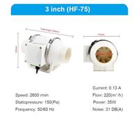 POOIQX Extractor de aire de 3/4/5 pulgadas, silencioso, con conducto en línea, extractor de aire, purificador de aire, for cocina, inodoro y pared.(75mm outlet)