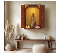 Pooja - Soporte de madera con puerta, estante de estatua montado en la pared con luz LED, moderno gabinete del Dios de la Fortuna para el hogar y la oficina