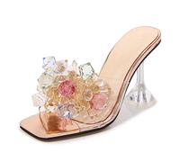 POOSR Crystal Flower High Heel Slippers, Stage Walking Women's Shoes, Party Nightclub Dancing Shoes, Fashion Sandals,Oro,37