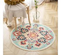 Poowe Alfombra redonda de algodón tejida con borlas para sala de estar, dormitorio, cocina, baño (azul floral)