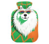 Pop Art - Botella de agua caliente con diseño de perro samoyedo verde a cuadros con cubierta suave, compresas calientes de 1 litro para el cuerpo para aliviar el dolor de cuello y hombros