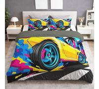 Pop Art - Juego de funda de edredón tamaño Queen con diseño de coche de carreras, para niños, adolescentes y adultos, juego de ropa de cama de microfibra suave, resistente a las arrugas, fácil cuidado