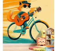 Pop Art - Papel pintado fotográfico de 250 x 175 cm, diseño de animales vintage, guitarra, jengibre, gato, duradero, no tejido, para sala de estar, oficina, papel pintado panorámico resistente a