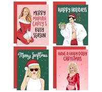 Pop Star - Paquete múltiple de tarjetas de Navidad de celebridades divertidas para amigos y familiares, 4 diseños, impresas en tarjeta de 300 g/m² en A6, sobre rojo, aprobada por el FSC, cultura pop