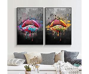 Pop Street Graffiti Art Girl Labios Pintura en lienzo Arte de la pared Carteles Impresiones Cuadros de pared para el dormitorio Decoración de la pared del hogar 60x90cm (24x35in) x2 Sin marco