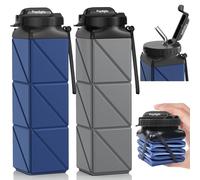 Popdigito 2 botellas de agua plegables, botella de agua plegable de silicona sin BPA, tapa a prueba de fugas, botellas de agua reutilizables ligeras para viajes, camping, senderismo, al aire libre,