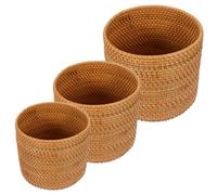 POPETPOP 3 Piezas Cesto de Basura Redondo de Ratán, Cesta de Almacenamiento Tejida a Mano, Cilíndrico, Natural, Fácil de Limpiar, para Flores y Plantas, Dormitorio y Cocina