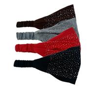 POPETPOP 4 piezas Diademas Elásticas con Diseño de Rhinestone Colores Negro Marrón Rojo y Gris Banda Cabello Mujer para Yoga Fitness y Maquillaje