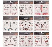 POPETPOP 9 Hojas Tatuajes Temporales de Halloween para Cicatrices Faciales y Corporales, Papel Fácil de Quitar, Diseño Realista para Fiestas y Juegos de Rol