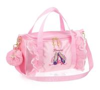 POPETPOP Bolso de Ballet para Niñas con Bordado y Encaje Color Rosa Intenso Bolsa de Danza Grande con Asas Dobles y Correa de Hombro Ajustable Llavero con Pompón Esponjoso para Gimnasia