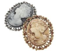 POPETPOP Broche Vintage de Pedrería para Ropa Diseño de Rostro Femenino Aleación Resistente Colores Oro Antiguo y Plata Antigua 2 Piezas para Bufanda Suéter y Chaqueta