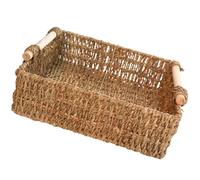 POPETPOP Cesta de Almacenamiento Grande de Escritorio Asa de Madera Cesta de Paja Natural 29X29X9 CM para Organizar Artículos Diversos Cosméticos y Llaves en Hogar y Oficina