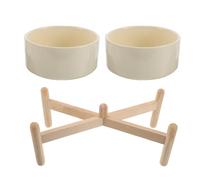 POPETPOP Cuenco Elevado para Perros y Gatos Pequeño de Cerámica Doble 850 Ml con Soporte de Madera Antideslizante, Tazón para Comida y Agua, Comedero Ergonómico para Mascotas