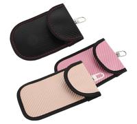 POPETPOP Funda Protectora para Llaves de Coche de Fibra de Carbono 3 Piezas Tamaño Mediano Vertical con Gancho Metálico Antirrobo RFID Bolsa para Llavero Negra Rosa y Dorada