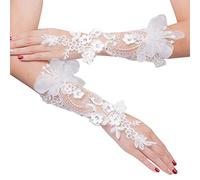 POPETPOP Guantes Blancos Largos de Novia Encaje Floral y Gemas para Accesorios de Boda y Eventos Formales Mujer