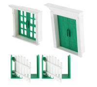 POPETPOP Juego de 4 Piezas para Casas de Muñecas, Ventanas y Puertas Miniatura de Plástico en Tonos Verdes y Claros con Valla Incluida, Accesorios para Construcción de Modelos