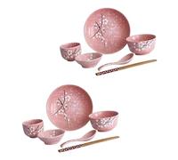 POPETPOP Juego De Vajilla y Cubiertos De Cerámica Japonesa 12 Piezas Rosa, Vajilla Hogar, Incluye 2 Tazones, 2 Platos, 2 Fuentes, 2 Vasos, 2 Cucharas y 2 Palillos, Adecuado Para Cenas y Uso Diario