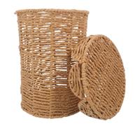 POPETPOP Papelera Tejida a Mano con Tapa, Ligera, Redonda, Caqui, Oficina | Cuerda de Papel, Textura Trenzada, Estilo Nórdico, Uso en Guardería, Diseño Portátil, Oculta Residuos