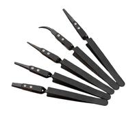 POPETPOP Pinzas Electrónicas de Precisión de Plástico Negro, Mango Inoxidable Resistente a Ácidos y Álcalis, Juego de 5 Piezas Puntas Rectas y Curvas Antiestáticas para Reparación
