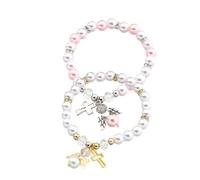 POPETPOP Pulsera Elástica de Muñeca para Mujer 2 Piezas Cruces Caladas en Color Claro y Rosa Perlado, Cadenas de Mano de Cuentas Decorativas Religiosas para Uso Diario y Color Aleatorio