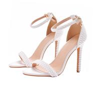 POPETPOP Sandalias de Tacón Alto Blancas Perlas Punta Abierta y Diseño de Tira Fina Tacón de 11 CM Ideales para Bodas Fiestas y Eventos Formales Talla 40