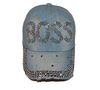 Popfizzy Gorro brillante para mujer, divertida gorra de béisbol con diamantes de imitación, sombrero de mezclilla desgastado biselado para mujer, regalos brillantes para mujer, Bling Boss (mezclilla clara), Talla única