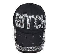 Popfizzy Gorros de perra para mujer, divertido sombrero de camionero, gorra de bola brillante de diamantes de imitación, gorras de béisbol negras de moda con palabras, Bitch (negro), Talla única