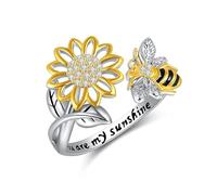 POPLYKE Anillo de girasol para mujer, anillo de abeja de plata de ley, ajustable, anillos abiertos, regalos de joyería para mujeres y hombres