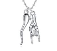 POPLYKE Collar de mano de cuerno italiano para mujer, plata de ley 925, cornicello y mano cornuto, protección de la suerte, amuleto, joyas para mujer, 25*5mm, Plata esterlina, No es una piedra