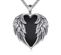 POPLYKE Collar de plata de ley 925 con diseño de alas de ángel, para hombres y mujeres, ónice negro, joyería gótica de ángel de la guarda