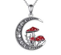 POPLYKE Collar de seta de luna para mujer, plata de ley 925, colgante mágico de hongos rojos, collares de fase lunar, joyas regalos para mujeres