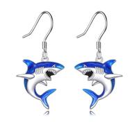 POPLYKE Pendientes de tiburón azul para mujer, plata de ley 925, joyería oceánica, regalos de cumpleaños para mujeres amantes del mar