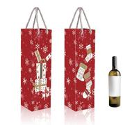 POPOYU 12 Piezas Navidad Bolsas de Regalo para Vino,2 Diseños Navideños Rojo Oscuro Bolsa de Vino de Papel con Asa Cinta para Botella de Champán, Vino, Whiskey y Otras Bebidas