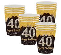 POPOYU 16 vasos de papel negro y dorado para 40 cumpleaños, 40 vasos de papel para fiesta de cumpleaños de hombres, decoraciones de vajilla de feliz cumpleaños 40 para él, ella, hombres, mujeres