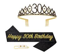 POPOYU Accesorios de fiesta de cumpleaños de 30 años para mujer y tiara de reina, corona y banda de 30 cumpleaños en oro negro para ella, decoración de cumpleaños de 30 años para mujer, conjunto de