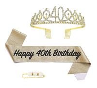 POPOYU Banda y tiara de reina de 40 cumpleaños, corona y banda de oro para ella, decoraciones de cumpleaños 40 para mujer, accesorios de fiesta, juego de disfraz de corona de cumpleaños para mujer